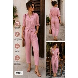 ModCloth Pink Linen Blend Jumpsuit L Button Front Tie Waist Tapered Leg Romper